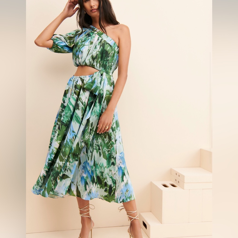 Monique Lhuillier One-Shoulder Satin Midi Dress